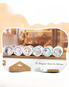 Close-up of 6 rolls of Happy Cat Diary themed washi tape with cute kitten illustrations