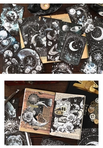 Detail of vintage space astronomy stickers with moon phases for junk journal scrapbooking