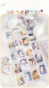 Detail of cute cat themed washi tape set with pastel feline illustrations for journaling