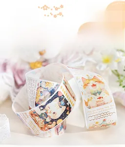 Close-up of decorative washi tape featuring cute cartoon kittens and summer illustrations