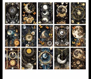 Detailed view of vintage moon and pocket watch stickers for scrapbooking and DIY journals