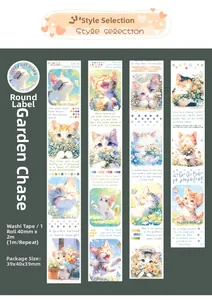 Detail of Garden Chase washi tape featuring cute cat illustrations and circular stickers