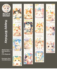 Close-up of cat birthday party themed washi tape with watercolor kitten illustrations