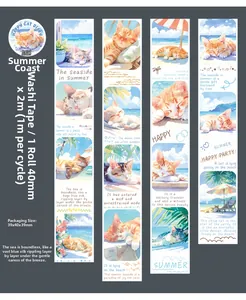 Detailed pattern of Summer Coast themed kitten washi tape with coastal cat illustrations