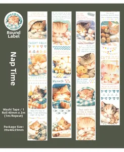 Detailed pattern of cute hand-drawn cat illustration washi tape 40mm x 2m loop