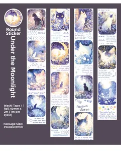 Detail of cat and moonlight themed washi tape with hand-drawn garden illustrations
