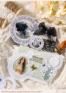 Detail of vintage lace frame stickers, blue roses and butterflies for journaling