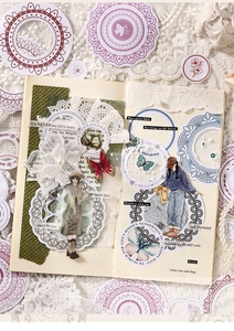 Detail of vintage lace stickers with floral frames and retro girls for journaling
