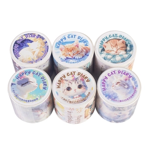 Set of 6 Happy Cat Diary themed washi tapes with cute feline illustrations for journaling