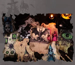 Macro view of gothic journal paper with vintage bat and skull patterns for dark art scrapbooking
