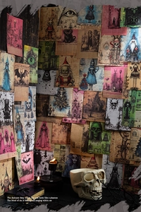 Gothic style decorative paper collage with vintage skull and dark fairytale illustrations
