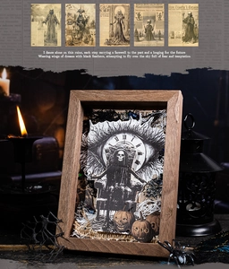Gothic 3D shadow box with skull, pumpkin elements and vintage posters for scrapbooking