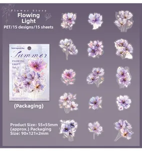 Détail d'autocollants floraux en PET avec finition transparente et motifs aquarelle violets
