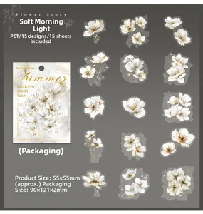 Détails des autocollants PET Flower Story avec 15 motifs de fleurs blanches vintage