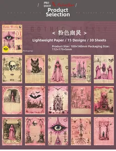Detailed catalog showing 15 pink gothic scrapbooking paper designs in a 3x5 layout