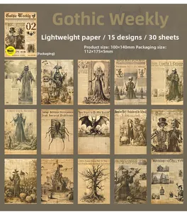 Macro display of 30 Gothic Weekly vintage scrapbooking papers with dark aesthetic motifs