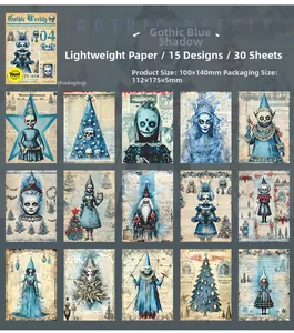 Macro view of Gothic dark style scrapbooking paper with blue ghost and skull patterns