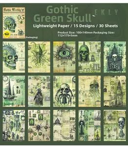 Macro view of Gothic Weekly green skull themed scrapbooking paper with 15 unique designs