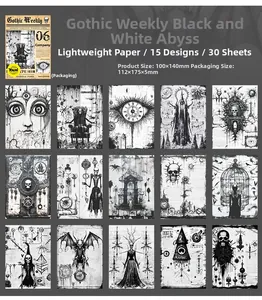 Detailed catalog of 30 gothic style paper sheets featuring dark skulls and vintage art motifs