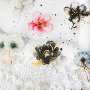 Autocollants en PET motif fleurs à l'aquarelle avec poudre dorée pour décoration de journal
