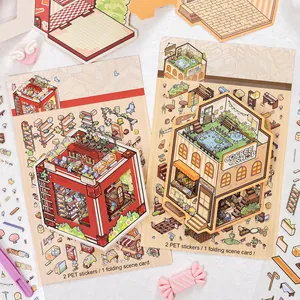 Creative miniature scenery stickers DIY set with PET decals and 3D folding landscape card