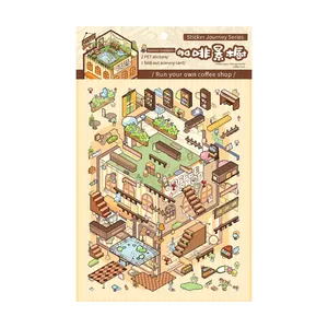 DIY Coffee Shop themed scrapbook sticker set with isometric miniature PET decals and scenery card