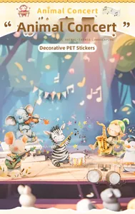 Close-up of PET stickers featuring animals playing musical instruments for journaling