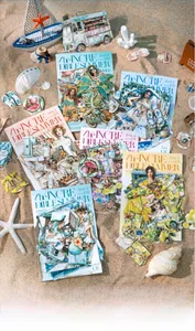 Retro summer scrapbook stickers featuring tropical plants and beach vacation illustrations
