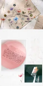 Macro shot of waterproof PET floral stickers with vintage aesthetic and transparent finish