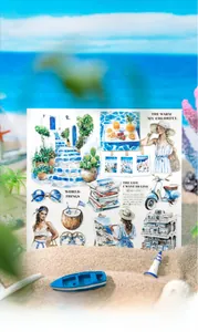 Mediterranean theme journaling stickers featuring beach houses and summer scenery icons