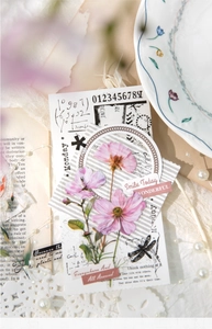 Detail of vintage flower stickers with pink cosmos and dragonfly for journaling
