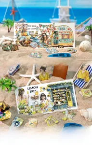 Detail of vintage hand-drawn summer scrapbooking stickers with beach scenery and girls