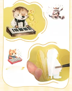 Detail of waterproof PET stickers showing cute cartoon animals playing music instruments