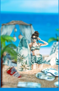 Detailed summer beach scrapbooking stickers featuring swimwear woman and surfboard on sand