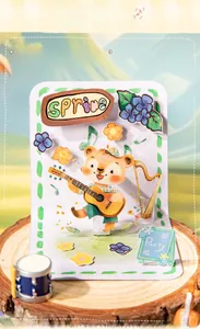 Detail of cute animal concert PET stickers featuring a bear with guitar on wood texture