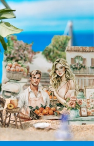 Detail of Mediterranean summer scrapbooking standees with beach theme on sand