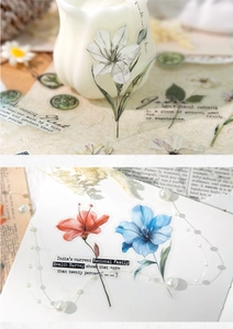 Close-up of vintage floral PET stickers on ceramic cup with artistic background