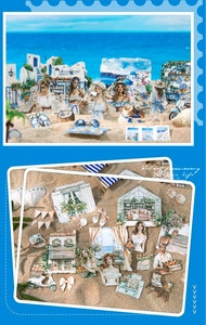 Macro detail of summer scenic sticker set featuring beach lifestyle and vintage camera illustrations