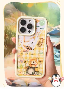 Close-up of cute musical rabbit and cat illustration on a durable phone case back
