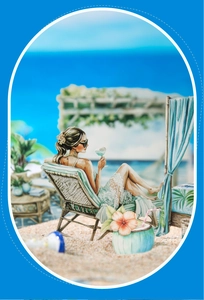Macro shot of 3D summer beach scrapbooking stickers featuring a girl on a beach chair
