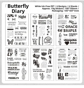 Mise à plat d'autocollants PET Butterfly Diary avec typographie vintage pour DIY scrapbooking