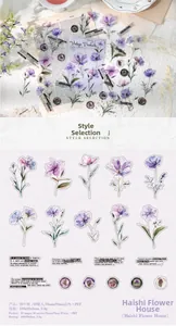 Detail of vintage PET floral stickers and English typography labels for journaling