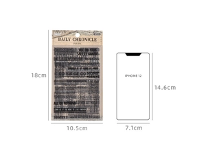 Guide des tailles d'autocollants rétro montrant 18x10,5 cm à côté d'un téléphone