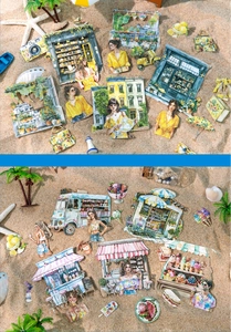 Detail of Summer scenery scrapbooking stickers with hand-drawn fashion figures and beach decor