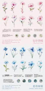 Macro detail of PET vintage flower stickers with botanical designs and cursive script