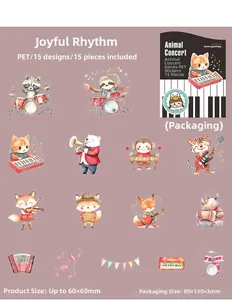 Detail of 15 PET stickers showing various animals playing instruments in the Animal Concert