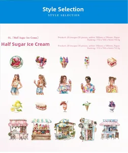 Detailed sheet showing 20 hand-drawn ice cream stickers for summer scrapbooking