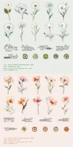Detailed PET flower stickers with vintage botanical patterns and artistic text labels