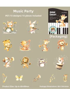 Detail view of 15 cute PET animal concert stickers for scrapbooking and journaling