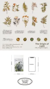Macro view showing vintage floral PET stickers set and size comparison with a smartphone